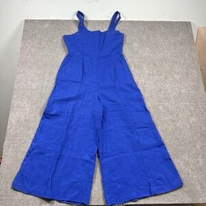Cynthia Rowley 100% Linen Blue Cropped Wide Leg Jumpsuit Smocked Back 6 **Read**